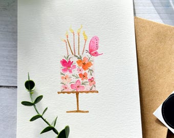 Original Hand painted Watercolor, birthday cake, pink, peach, gold, girl s birthday card, blank greeting  card 4.25"x5.5"
