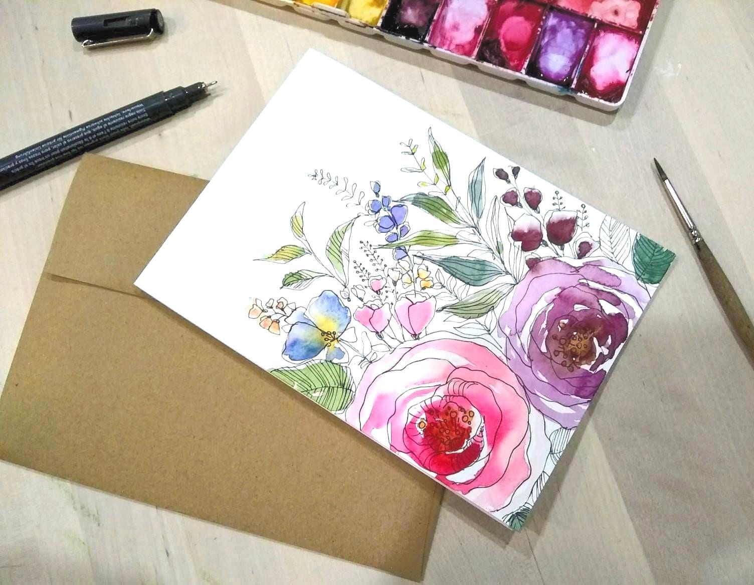 5"x7" Original Hand Painted Watercolor Rose, Floral Blank Greeting Card ...