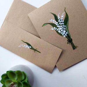 Muguet original peint à la main, mois de naissance en mai, voeux floral vierge, marron kraft, carte d'invitation 4,25 x 5,5 pouces