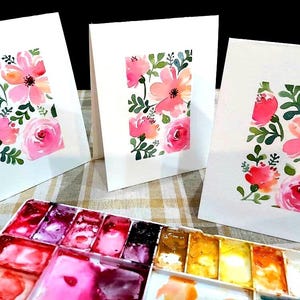 Set van 3, originele handgeschilderde aquarel bloemen, roze, wilde bloem, blanco groet, bedankt, medeleven, verjaardagskaarten 4,25 "x 5,5"