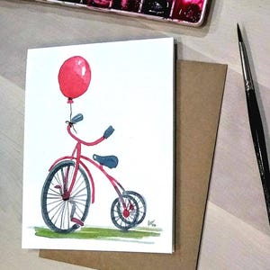 Lot de 2_Tricycle aquarelle original peint à la main, ballon, voeux vierges, anniversaire d'enfant, cartes de nouveau-né 4,5 x 5,5 pouces