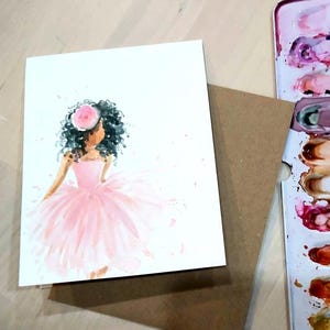Original Hand painted Watercolor, little Ballerina, tutu, curly hair , dancing girl, pink , blank greeting  card 4.25"x5.5"