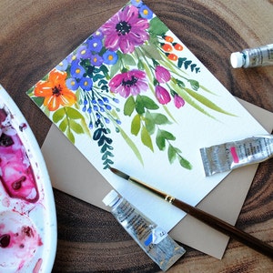 Set van 3_Original handgeschilderd, aquarel bloemen, blanco groet, medeleven, bedankt, verjaardagskaarten 4,5 x 5,5 inch