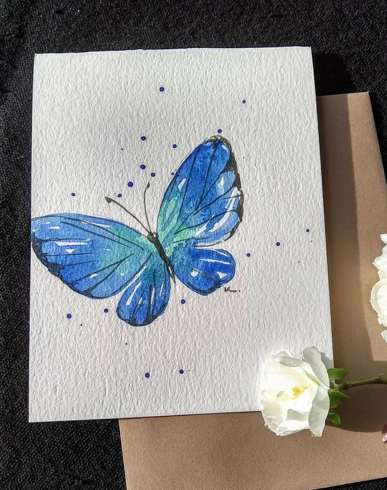 Set of 3/_ Original hand painted Watercolor Blue pink yellow Butterfly/_blank greeting Thank you cards 4.5x5.5