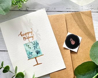 Original Hand painted Watercolor, teal, blue, birthday cake, foliage, gold, birthday card, blank greeting  card 4.25"x5.5"