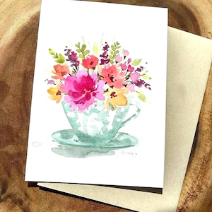 5 x 7 po. Original peint à la main, aquarelle, tasse à thé florale, cadeau unique, fête des mères, carte de voeux vierge, décoration murale de cuisine, art mural