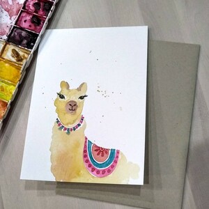 Aquarelle originale peinte à la main Alpaca Llama, salutation vierge, boho, anniversaire d’enfant, art de la crèche, carte de nouveau-né 5 « x7 »