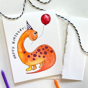Originele handgeschilderde aquarel Dinosaurus blanco begroeting, Kid's Birthday, eerste verjaardagskaart 4.25 "x5.5"
