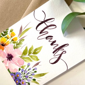 Lot de 3 bouquets de fleurs originaux peints à la main, aquarelle, fleurs, voeux vierges, lettres au pinceau, cartes de remerciement 4,25 x 5,5 pouces