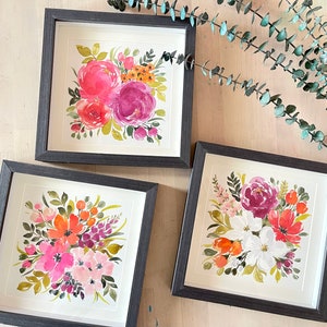 Set of 3, 7”x7" Original Hand painted watercolor, square, floral art, peonies, flowers, cheerful home  decor, wall art, summer, spring