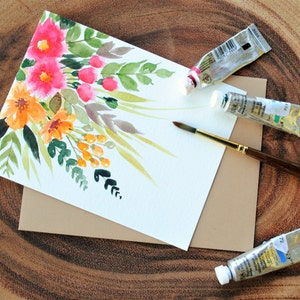 Set van 3_Original handgeschilderde aquarel / Roze Oranje Bloemen / lege begroeting / Dank u / Verjaardagskaarten 4.5 "x5.5"