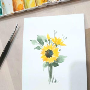 Tarjeta original de acuarela pintada a mano con diseño de girasol, floral, saludo en blanco, "Mejórate pronto", cumpleaños, agradecimiento, acción de gracias, otoño, 4,25" x 5,5".