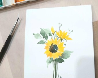 Original hand painted  watercolor Sunflower, floral, Blank greeting, Get well soon, Birthday,Thank you, thanksgiving, autumn card 4.25"x5.5"