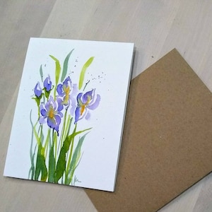 Set de 3_Original acuarela púrpura pintada a mano Flor de iris, Saludo en blanco, Recupérate pronto, Fecha de cumpleaños, Tarjetas de agradecimiento 4.25"x5.5"