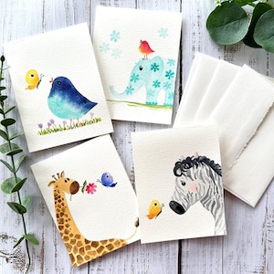 Lot de 4 animaux aquarelle originaux peints à la main, forêt, cartes de voeux vierges, anniversaire d'enfant, art mural pour chambre d'enfant, cartes d'anniversaire pour bébé