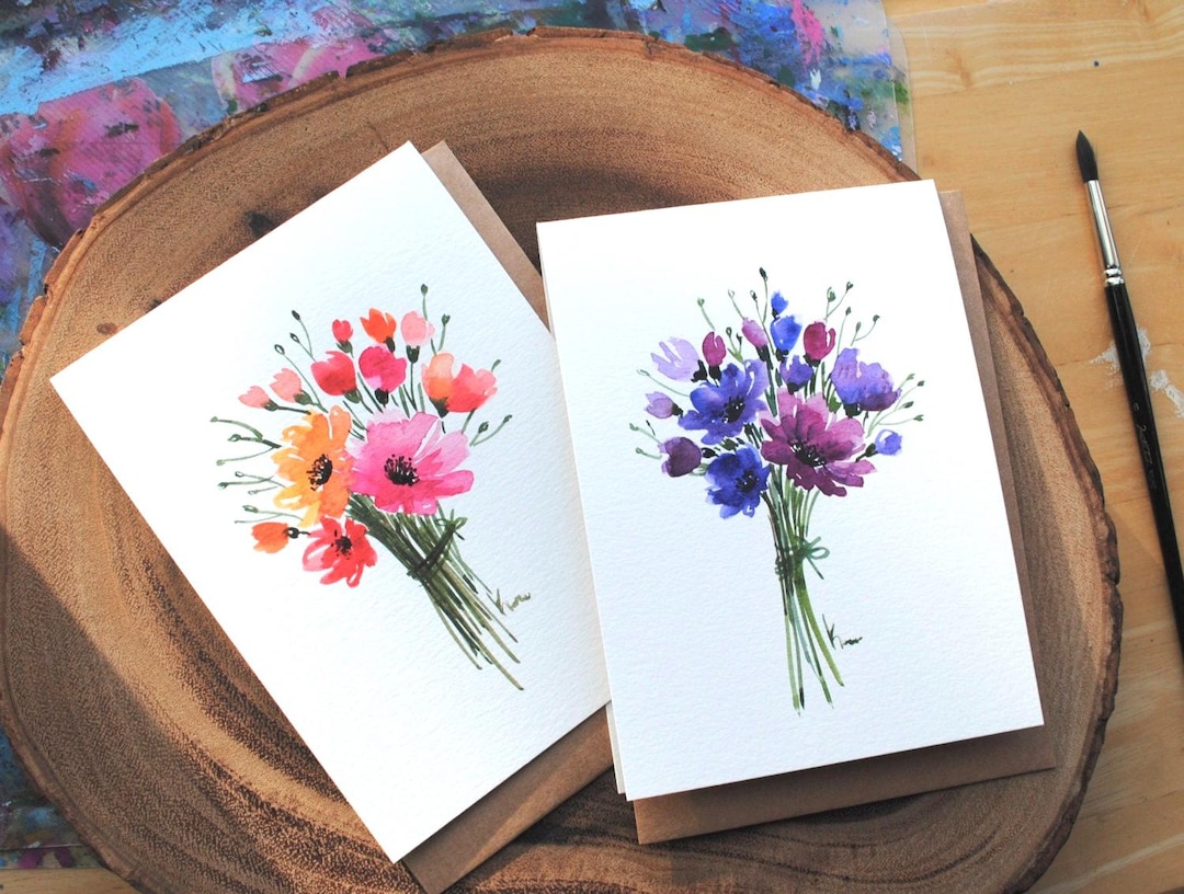 Set of 2 _5"x7" Original Hand Painted Watercolor Floral, Purple, Pink ...