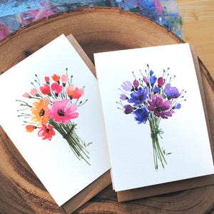 Set van 2 _5 "x 7" originele handgeschilderde aquarel bloemen, paars, roze, bloementros, verjaardag, groet, bruiloft, verloving, blanco kaart