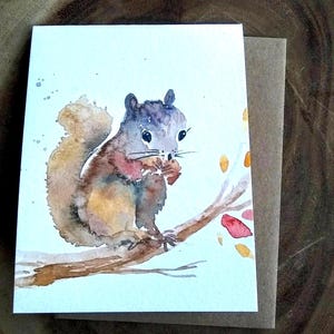Écureuil aquarelle original peint à la main, automne, voeux vierge, action de grâces, carte de remerciement 4,5 x 5,5 pouces