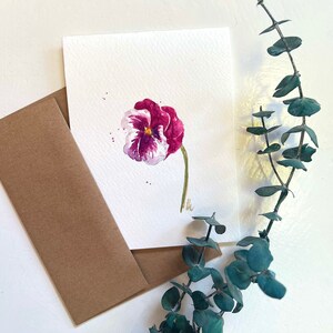 Aquarelle originale peinte à la main pourpre Pansy Flower, Sympathy, Blank, Get well soon, Anniversaire, Fête des mères, Carte de remerciement 4.25"x5.5 »