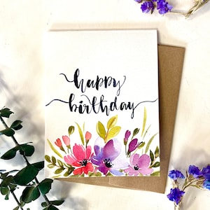Original handgemaltes Aquarell, floral, alles Gute zum Geburtstag, Geburtstagskarte, Blanko-Grußkarte 11x14cm