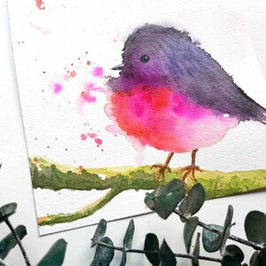 5 x 7 po. Illustration aquarelle originale peinte à la main, rouge-gorge rose, oiseau mignon, aquarelle, lumineux, cadeau, décoration d'intérieur gaie, oeuvre d'art rose