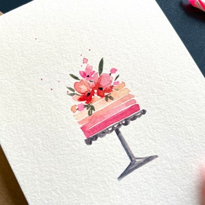 Original Hand painted Watercolor, birthday cake, pink flowers, peach, birthday card, blank greeting  card 4.25"x5.5"