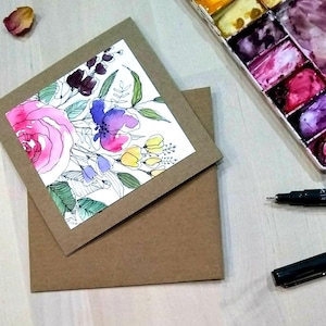 Original peint à la main, aquarelle, floral, anniversaire, merci, sympathie, marron, carte de voeux 4,75 "x 4,75"