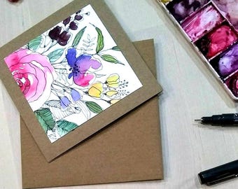 Original Hand painted, watercolor, floral, birthday ,thank you, sympathy, brown,  greeting  card 4.75"x4.75"