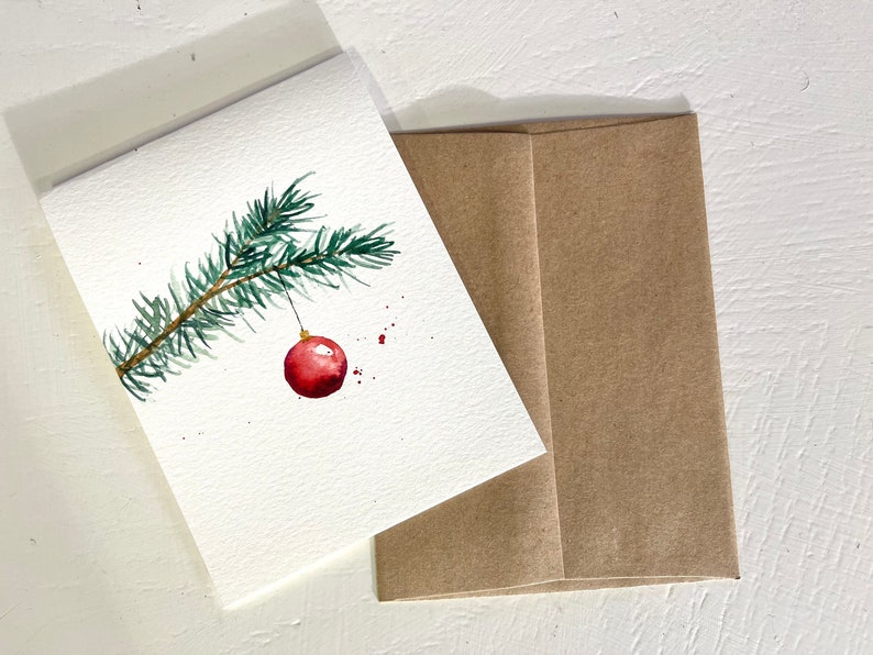 Set of 3 Original watercolor hand painted, ornament, Christmas, red, holiday greeting cards 4.5"x5.5"