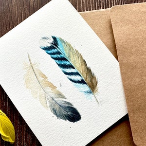 Original peint à la main, plumes aquarelles, anniversaire, merci, sympathie, carte de voeux vierge 4,25 "x 5,5"