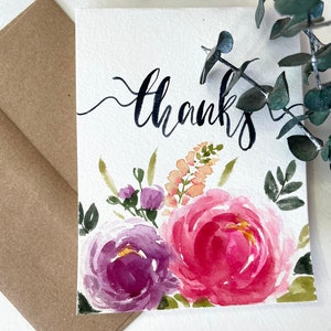 Set van 3_Original handgeschilderde aquarel kleur bloemen, pioenrozen, Blank groet, penseel geschreven, Dank u kaarten 4.25 "x5.5"