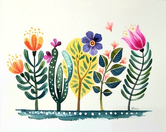 May include: Watercolor painting of a whimsical garden scene with colorful flowers, a cactus, and a tree. The flowers are orange, pink, purple, and yellow. The cactus is green with white dots. The tree is yellow with green leaves. The background is white.