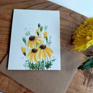 Original, handgemalt, Aquarell, gelb Floral, Blanko Gruß, Get well soon, Künstler Tauschkarte,Dankeskarten 15 x 5,5"