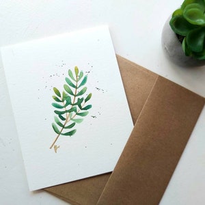 Illustration originale à l’aquarelle peinte à la main, feuille verte, été, salutation vierge, note de remerciement, remerciement, anniversaire, carte 4.25"x5.5 »