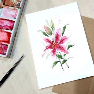 5 x 7 po. Aquarelle originale peinte à la main, floral, lys rose, cadeau unique pour la fête des mères, carte de voeux vierge, décoration murale, art mural