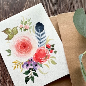 Original pintado a mano Acuarela colorido Flores, pluma azul, aniversario, rosa, cumpleaños, día de San Valentín, tarjeta de felicitación 4.25 "x5.5"