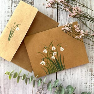 Original, peint à la main, carte de voeux brune, fleur du mois de naissance de janvier, perce-neige, carte de 4,25 x 5,5 po.