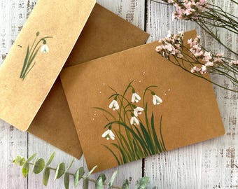 Original, Hand painted, brown greeting card, January birth month flower, Snowdrops, 4.25”x5.5” card