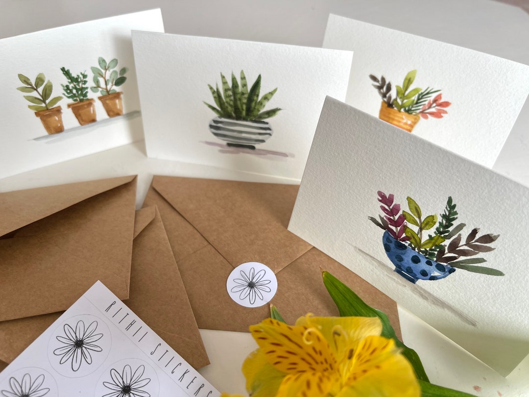 Set of 8, Original Hand Painted Watercolor Blank Note Cards, Thank You ...