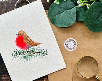 Set of 3, Original hand painted  watercolor, holiday greetings, birds, Robin, christmas, happy holidays, blank greeting cards set 4.25"x5.5"