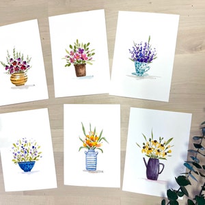 Lot de 6 cartes postales originales de pots de plantes aquarelles peintes à la main, 4 x 5,75 pouces