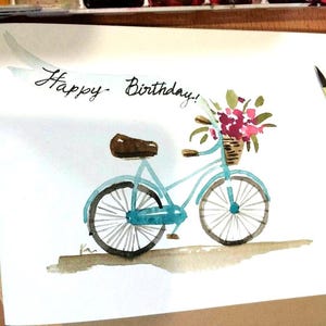 Aquarelle originale peinte à la main, vélo, voeux vierges, carte d'anniversaire, une carte 4,25 x 5,5 pouces