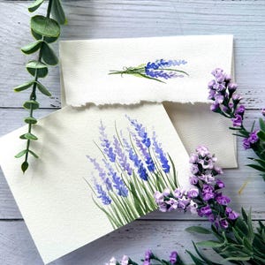 lot de 3, aquarelle florale originale peinte à la main, anniversaire, fête des mères, carte de voeux vierge, carte de remerciement, sympathie lavande 4,25 "x 5,5"