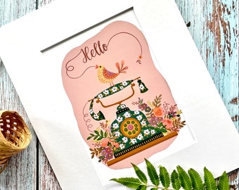 Art print, wall art, Hello, vintage phone art, coral pink, entryway art, house warming gift, folk art