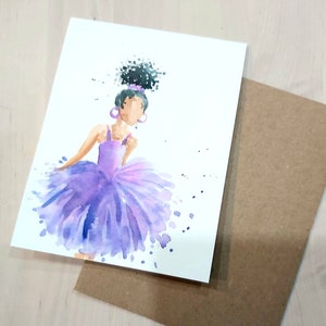 Aquarelle originale peinte à la main, Ballerine, tutu, danseuse, violet, carte de vœux vierge 4.25"x5.5 »