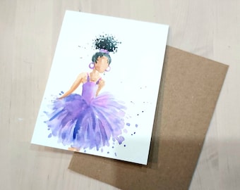 Original Hand painted Watercolor, Ballerina, tutu,  dancing girl, purple , blank greeting  card 4.25"x5.5"
