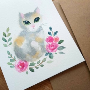 Original Handgemalt, Aquarell Kätzchen, Katze, graue Katze, Rote Rosen, Haustier, Katzenliebe, Tierkunst, Grußkarte 14,5x14cm