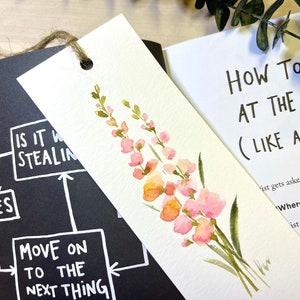 Set of 2- Original hand painted watercolor floral  bookmark, pink, handmade, unique gift for a book lover, gift for girl