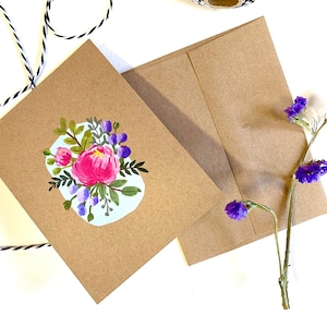 Original peint à la main floral Salutation vierge, floral, art botanique, brun kraft, carte Invitaion 4.25"x 5.5"