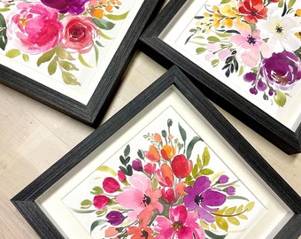 Set of 3, 7”x7" Original Hand painted watercolor, floral art, flowers, cheerful home  decor, wall art